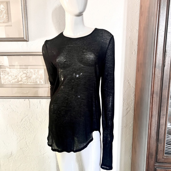 J Brand Sheer Black Long Sleeve Round Neck Top with Shirtail Hem - Medium - Picture 5 of 12